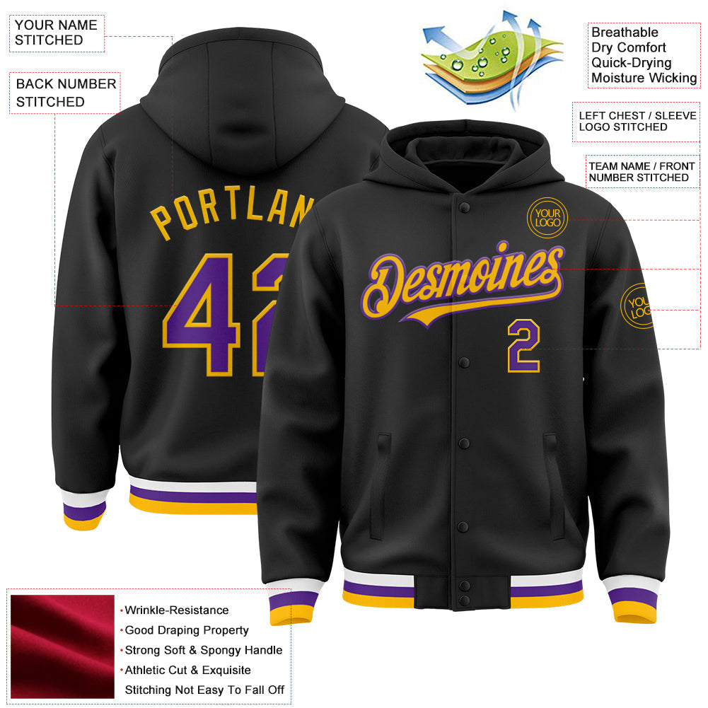 Custom Black Purple-Gold Bomber Full-Snap Varsity Letterman Hoodie Jacket view 3