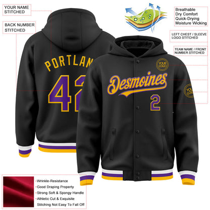 Custom Black Purple-Gold Bomber Full-Snap Varsity Letterman Hoodie Jacket view 3