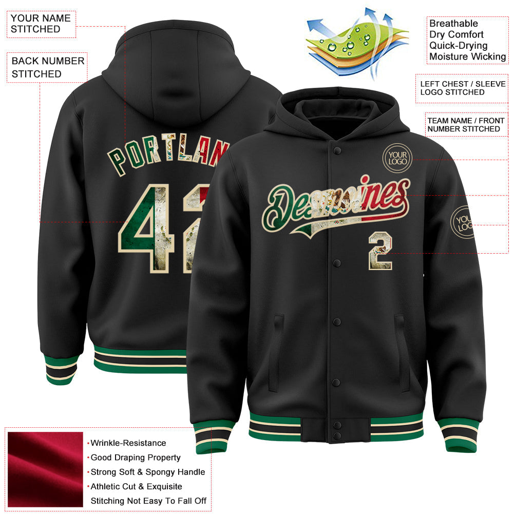 Custom Black Vintage Mexican Flag Cream-Kelly Green Bomber Full-Snap Varsity Letterman Hoodie Jacket view 3