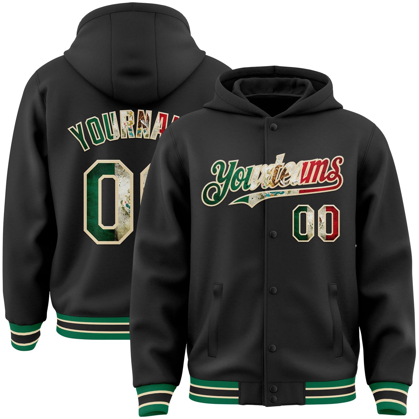 Custom Black Vintage Mexican Flag Cream-Kelly Green Bomber Full-Snap Varsity Letterman Hoodie Jacket - Main View