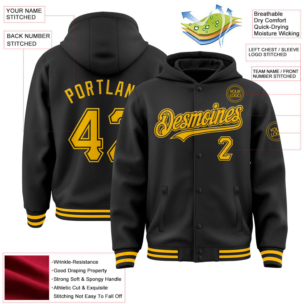 Custom Black Gold Bomber Full-Snap Varsity Letterman Hoodie Jacket view 3