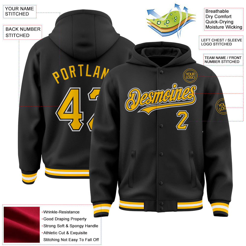 Custom Black Gold-White Bomber Full-Snap Varsity Letterman Hoodie Jacket view 3