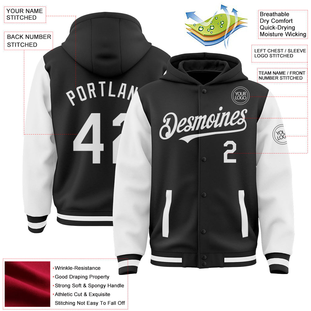 Custom Black White Bomber Full-Snap Varsity Letterman Two Tone Hoodie Jacket view 3