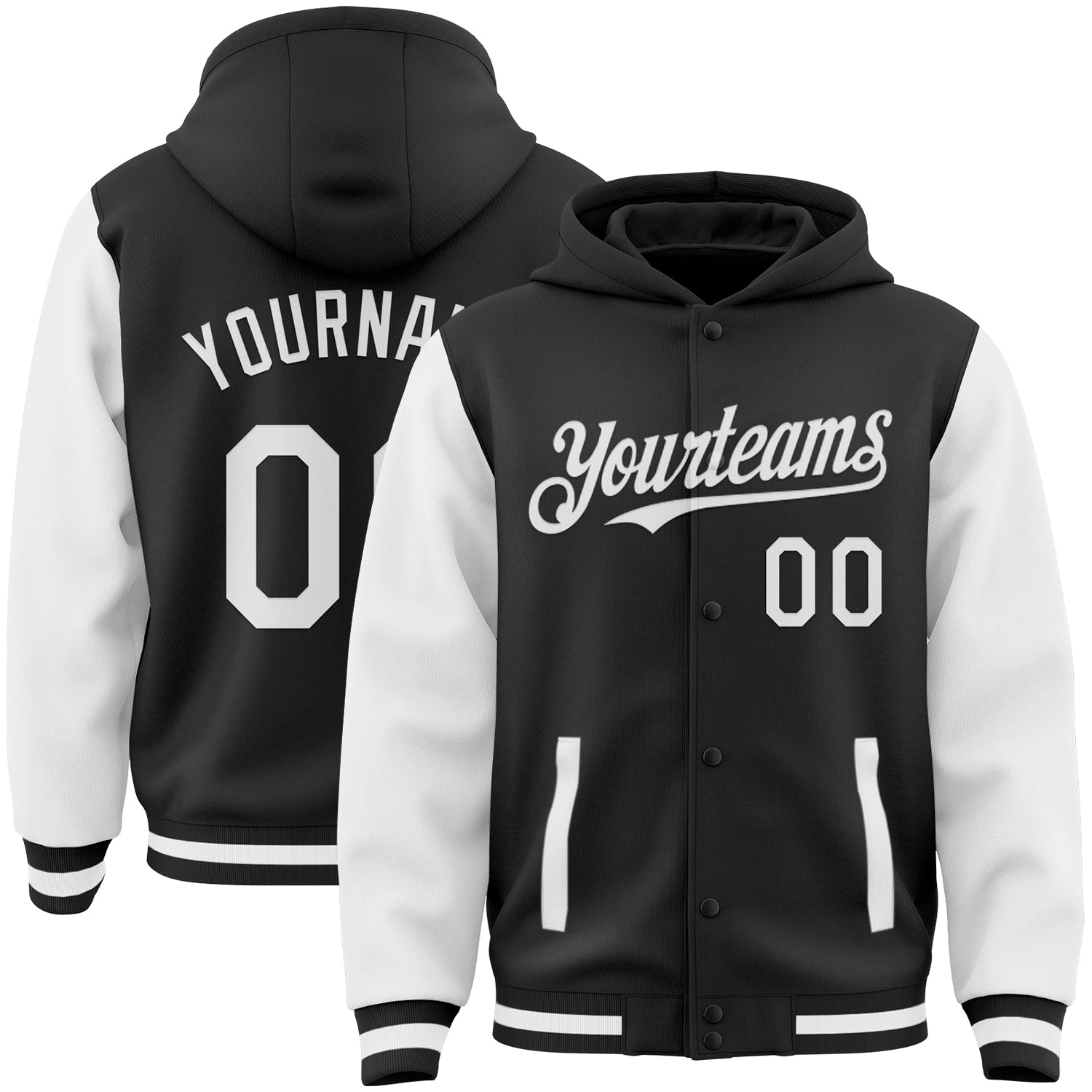 Custom Black White Bomber Full-Snap Varsity Letterman Two Tone Hoodie Jacket - Main View