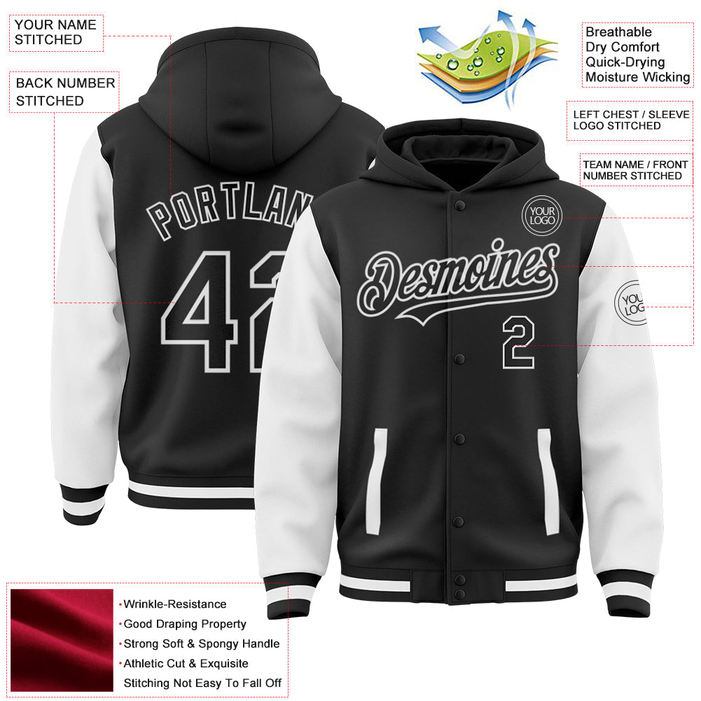 Custom Black White Bomber Full-Snap Varsity Letterman Two Tone Hoodie Jacket view 3