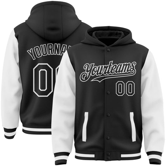 Custom Black White Bomber Full-Snap Varsity Letterman Two Tone Hoodie Jacket - Main View