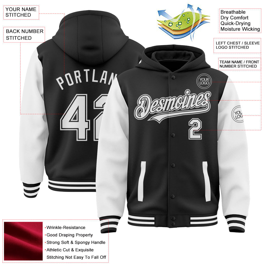 Custom Black White Bomber Full-Snap Varsity Letterman Two Tone Hoodie Jacket view 3
