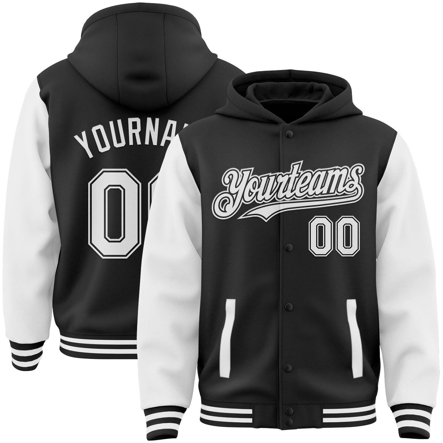 Custom Black White Bomber Full-Snap Varsity Letterman Two Tone Hoodie Jacket - Main View