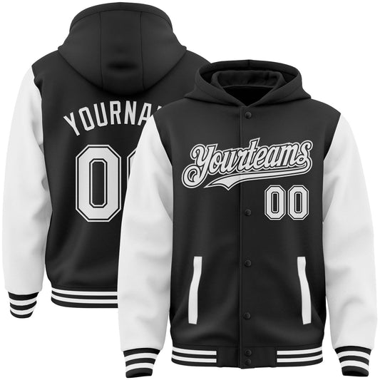 Custom Black White Bomber Full-Snap Varsity Letterman Two Tone Hoodie Jacket - Main View