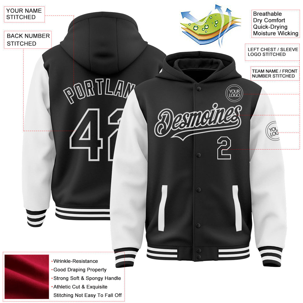Custom Black White Bomber Full-Snap Varsity Letterman Two Tone Hoodie Jacket view 3