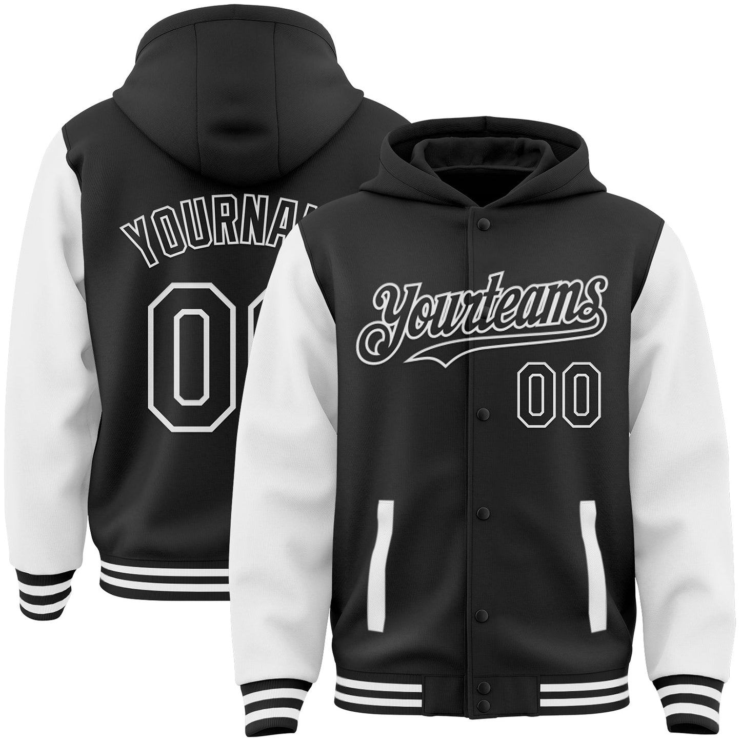 Custom Black White Bomber Full-Snap Varsity Letterman Two Tone Hoodie Jacket - Main View
