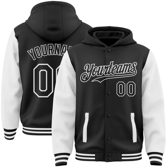 Custom Black White Bomber Full-Snap Varsity Letterman Two Tone Hoodie Jacket - Main View