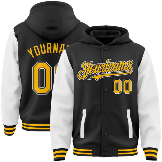 Custom Black Gold-White Bomber Full-Snap Varsity Letterman Two Tone Hoodie Jacket - Main View