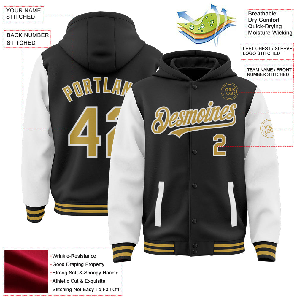 Custom Black Old Gold-White Bomber Full-Snap Varsity Letterman Two Tone Hoodie Jacket view 3
