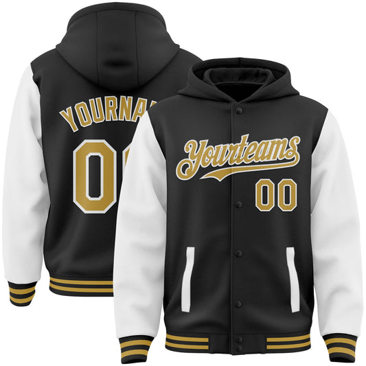 Custom Black Old Gold-White Bomber Full-Snap Varsity Letterman Two Tone Hoodie Jacket - Main View