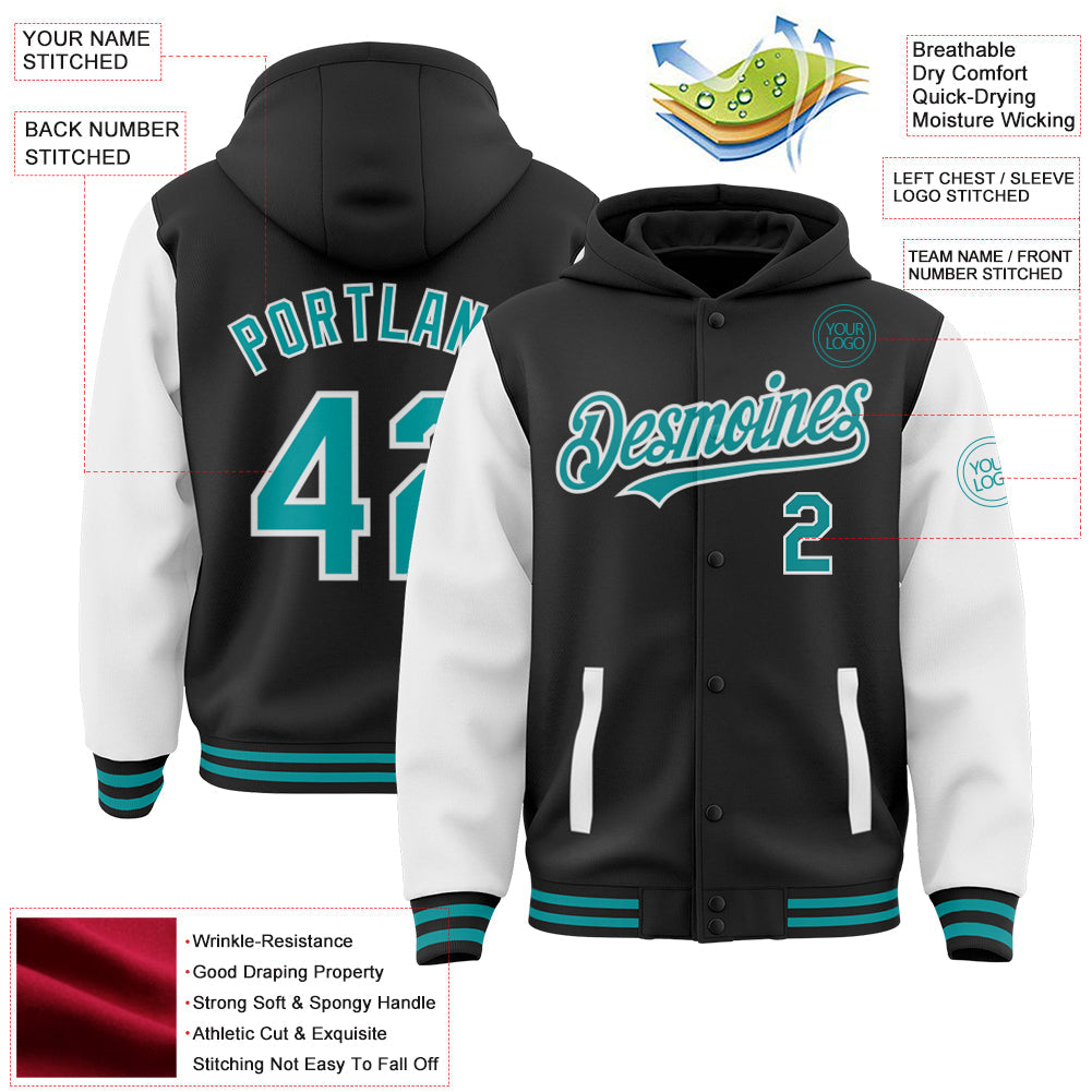 Custom Black Teal-White Bomber Full-Snap Varsity Letterman Two Tone Hoodie Jacket view 3