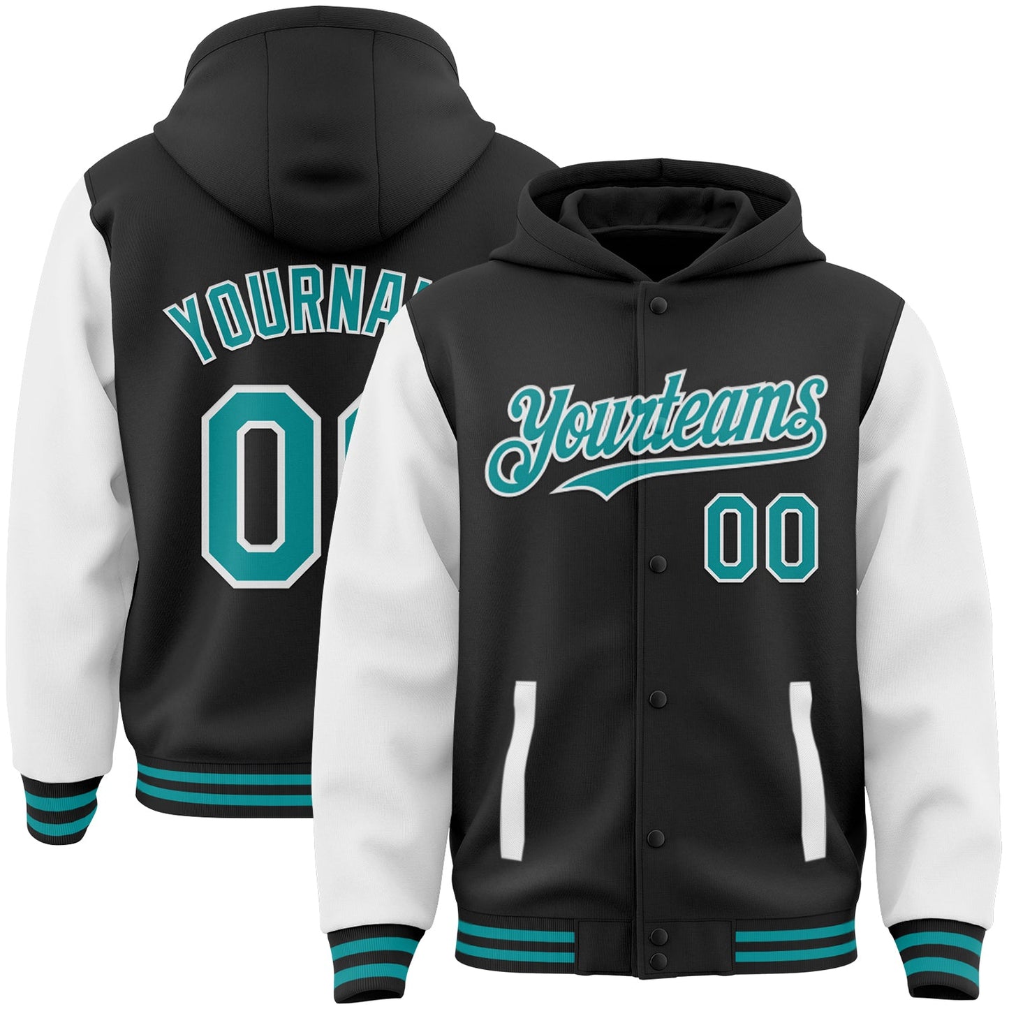 Custom Black Teal-White Bomber Full-Snap Varsity Letterman Two Tone Hoodie Jacket - Main View