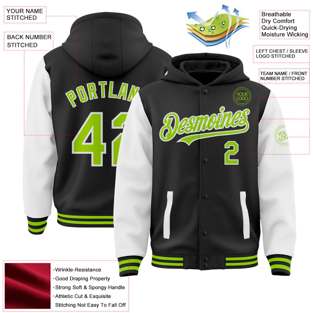 Custom Black Neon Green-White Bomber Full-Snap Varsity Letterman Two Tone Hoodie Jacket view 3