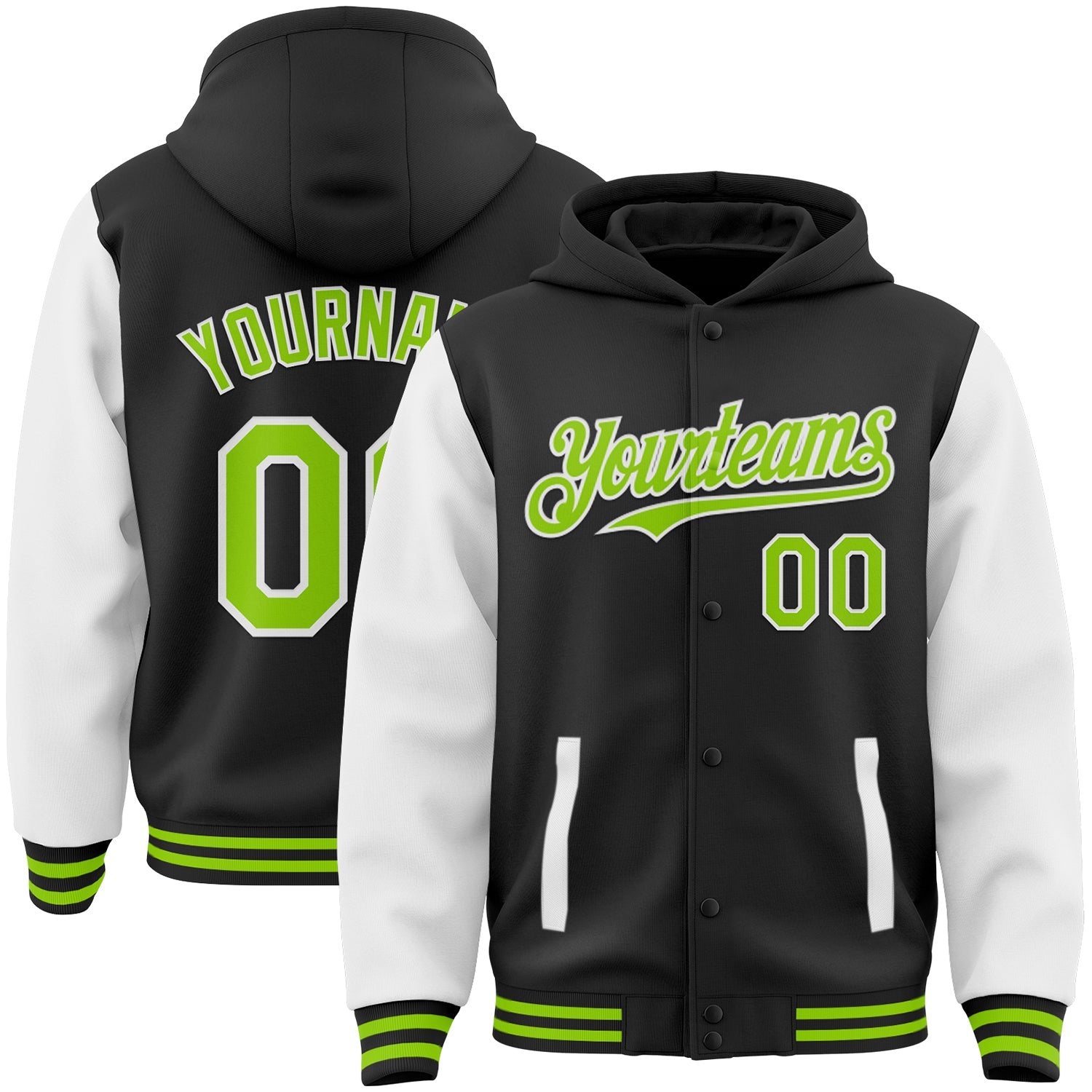 Custom Black Neon Green-White Bomber Full-Snap Varsity Letterman Two Tone Hoodie Jacket - Main View