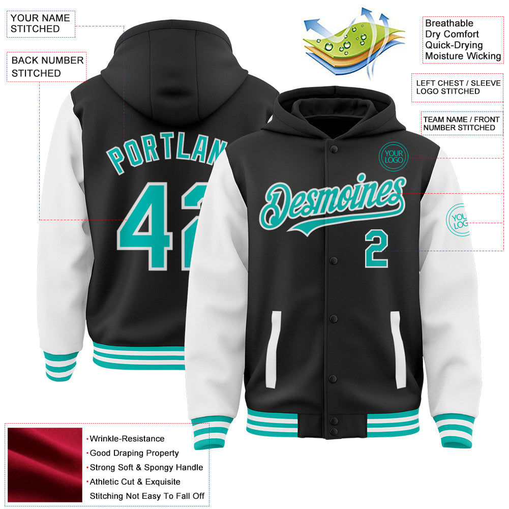 Custom Black Aqua-White Bomber Full-Snap Varsity Letterman Two Tone Hoodie Jacket view 3