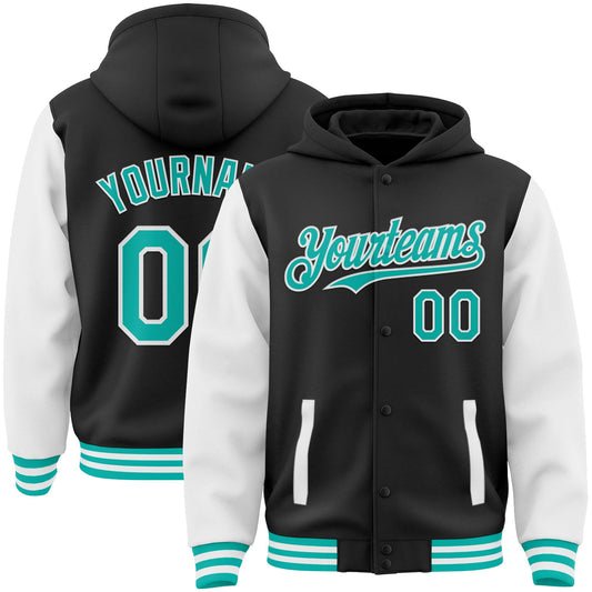 Custom Black Aqua-White Bomber Full-Snap Varsity Letterman Two Tone Hoodie Jacket - Main View