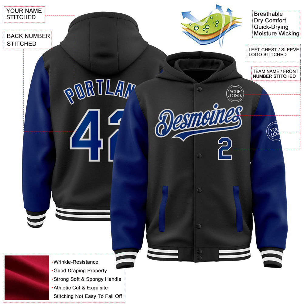 Custom Black Royal-White Bomber Full-Snap Varsity Letterman Two Tone Hoodie Jacket view 3