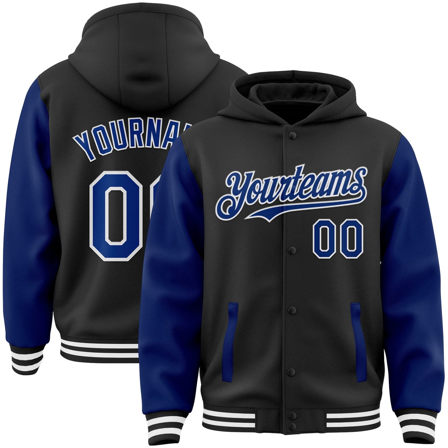 Custom Black Royal-White Bomber Full-Snap Varsity Letterman Two Tone Hoodie Jacket - Main View