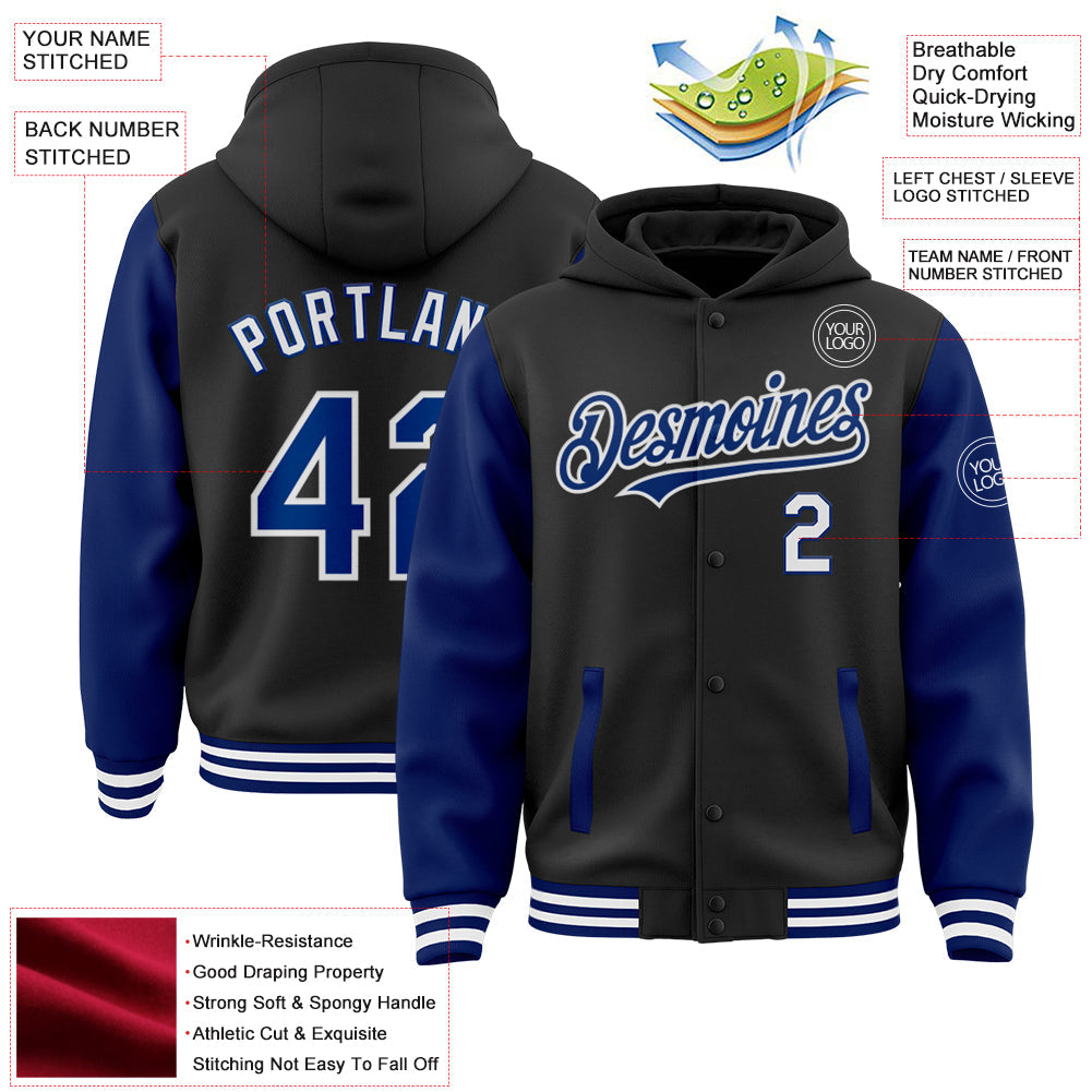 Custom Black Royal-White Bomber Full-Snap Varsity Letterman Two Tone Hoodie Jacket view 3