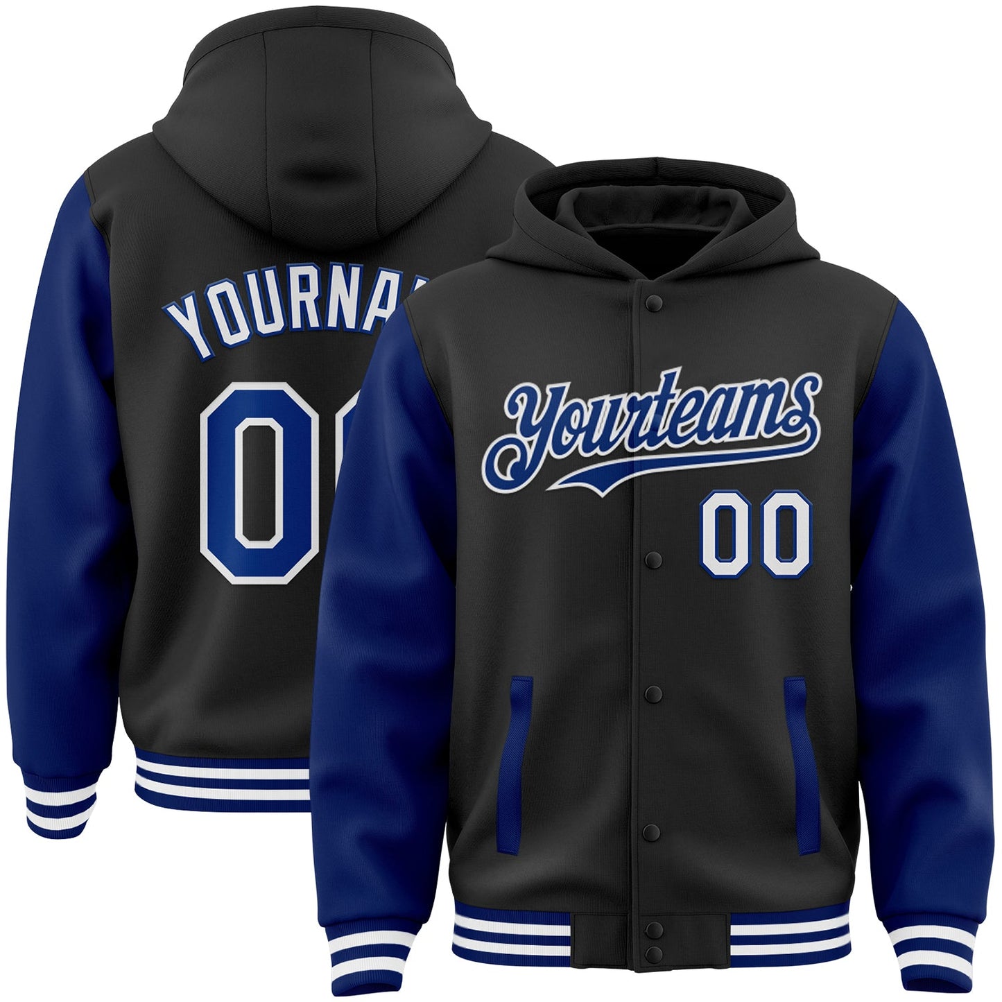 Custom Black Royal-White Bomber Full-Snap Varsity Letterman Two Tone Hoodie Jacket - Main View
