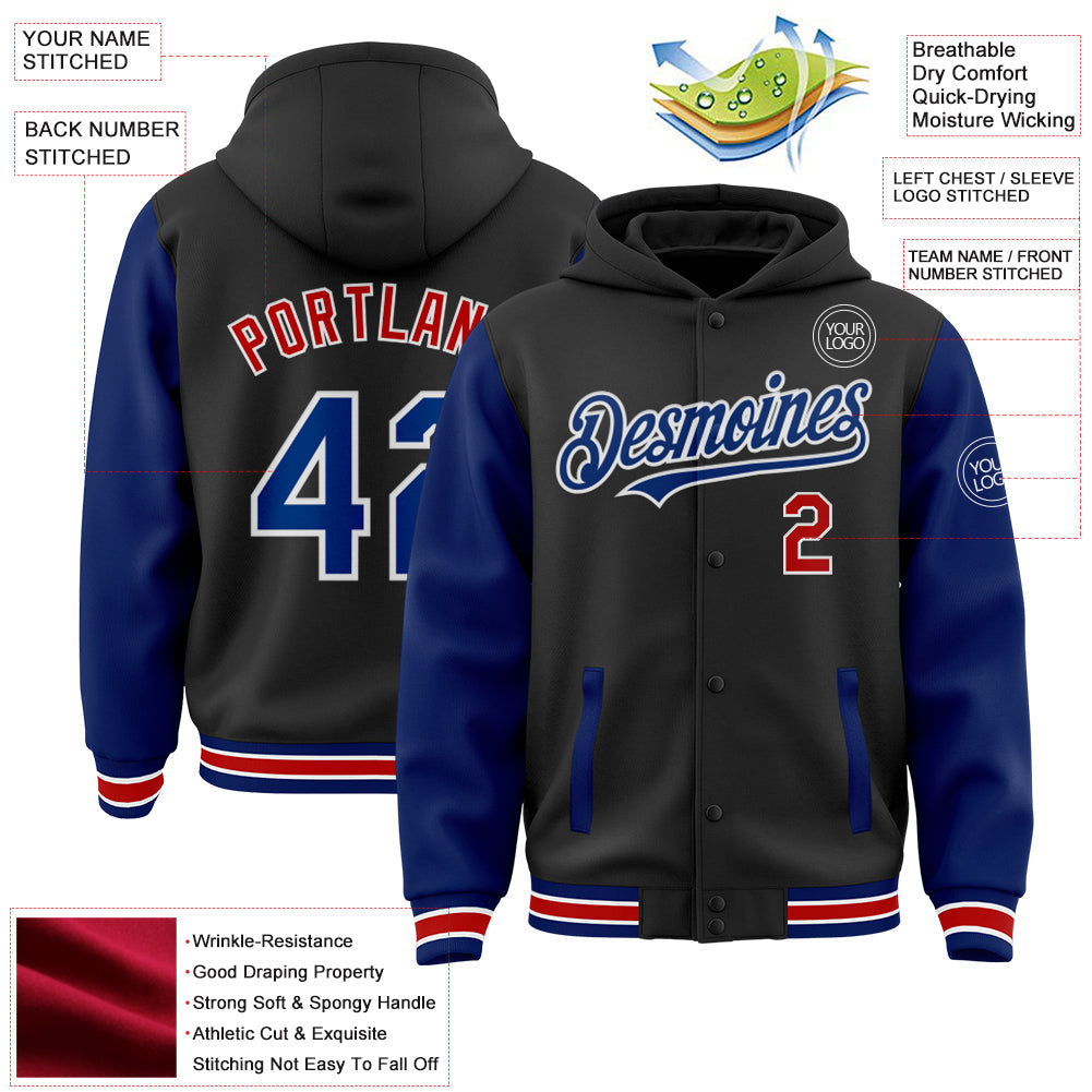 Custom Black Royal-Red Bomber Full-Snap Varsity Letterman Two Tone Hoodie Jacket view 3