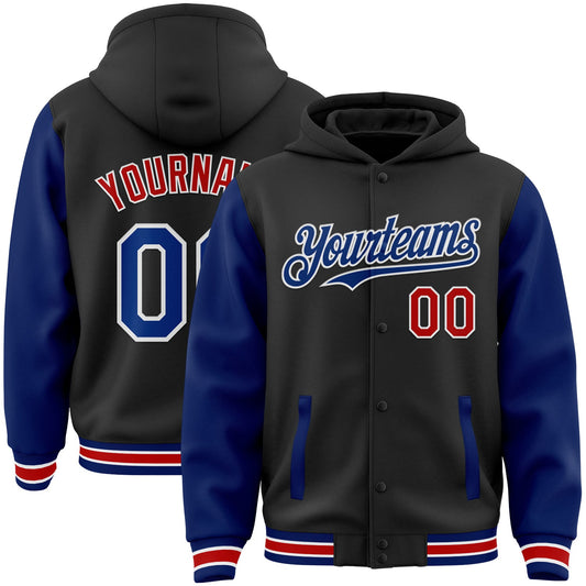 Custom Black Royal-Red Bomber Full-Snap Varsity Letterman Two Tone Hoodie Jacket - Main View