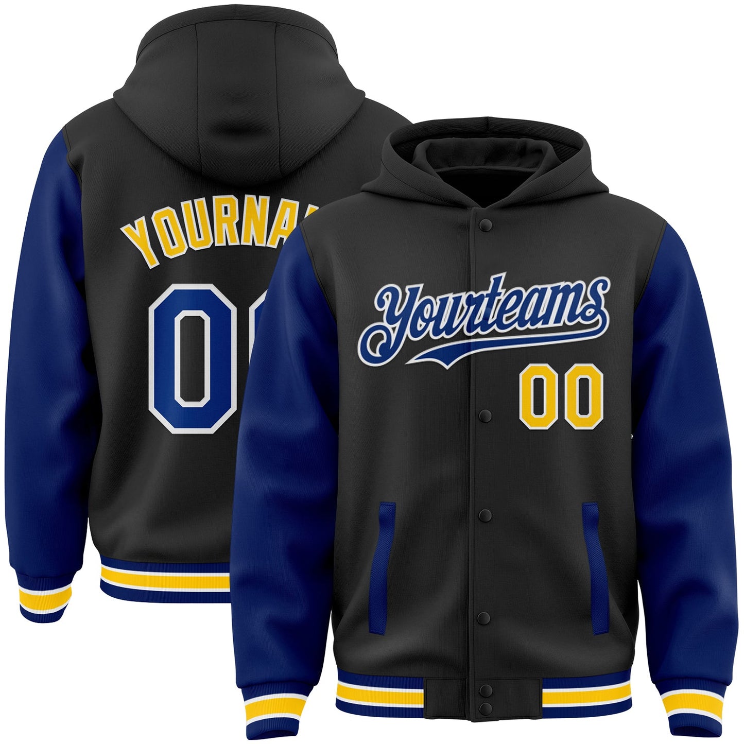 Custom Black Royal-Yellow Bomber Full-Snap Varsity Letterman Two Tone Hoodie Jacket - Main View