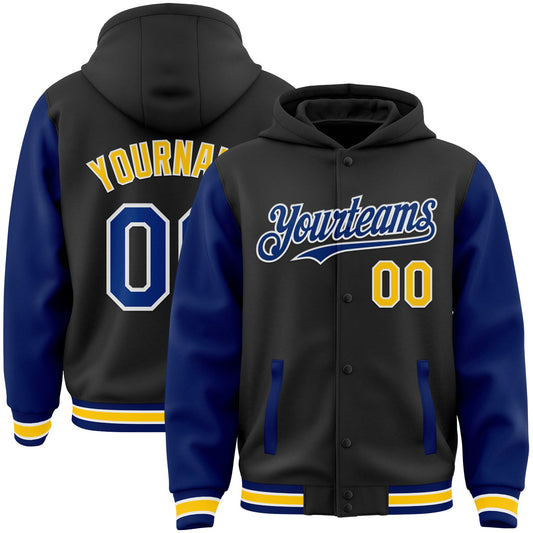 Custom Black Royal-Yellow Bomber Full-Snap Varsity Letterman Two Tone Hoodie Jacket - Main View