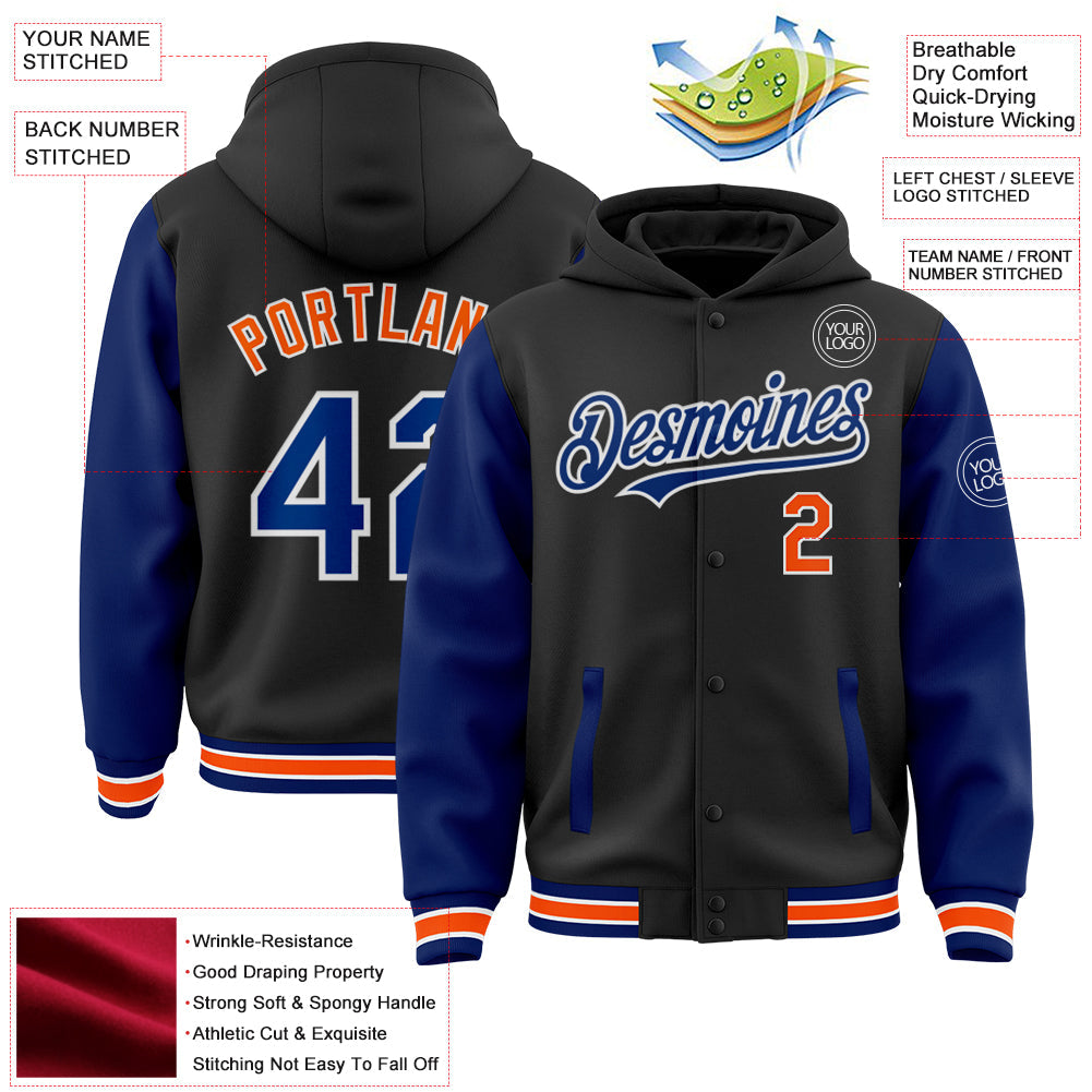 Custom Black Royal-Orange Bomber Full-Snap Varsity Letterman Two Tone Hoodie Jacket view 3