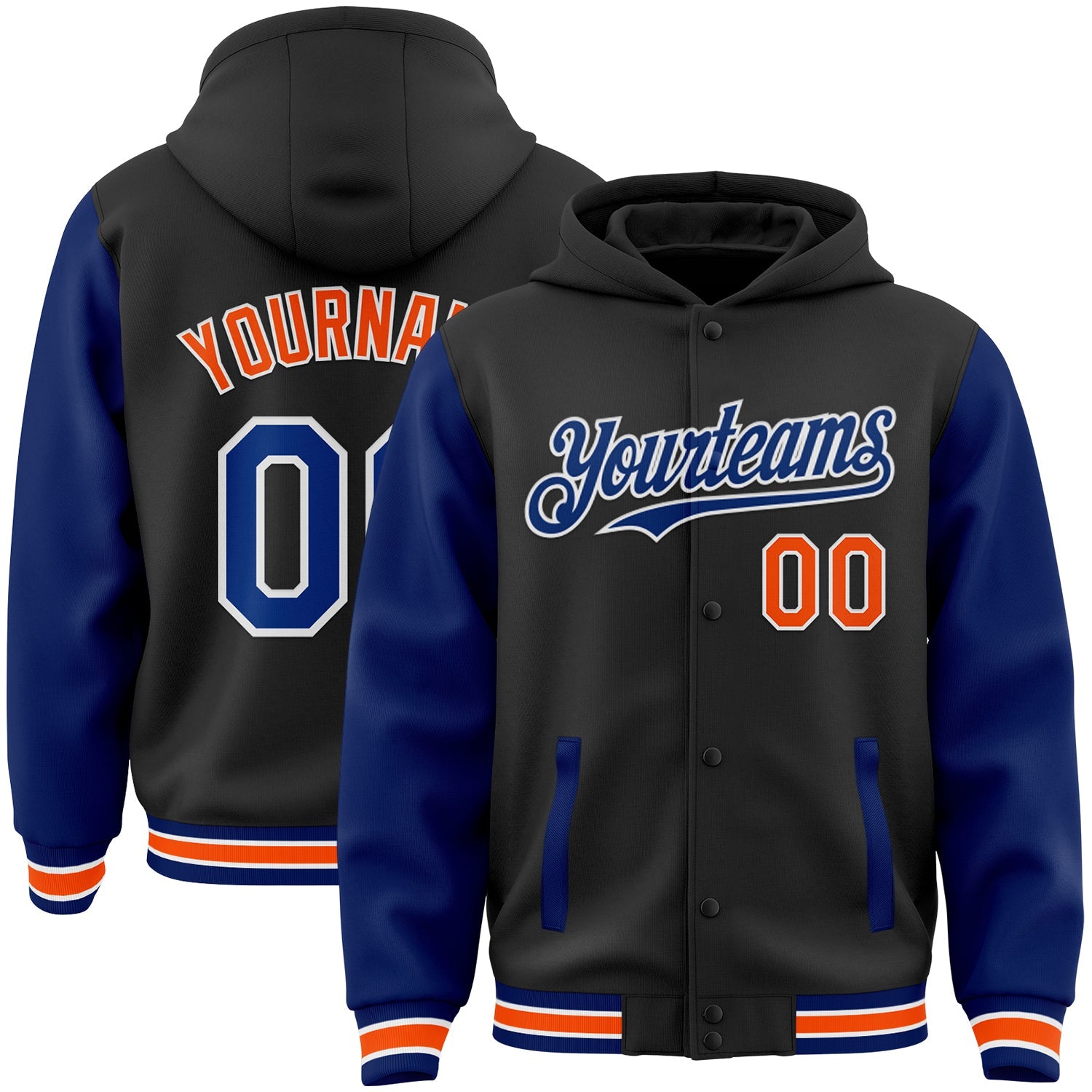 Custom Black Royal-Orange Bomber Full-Snap Varsity Letterman Two Tone Hoodie Jacket - Main View