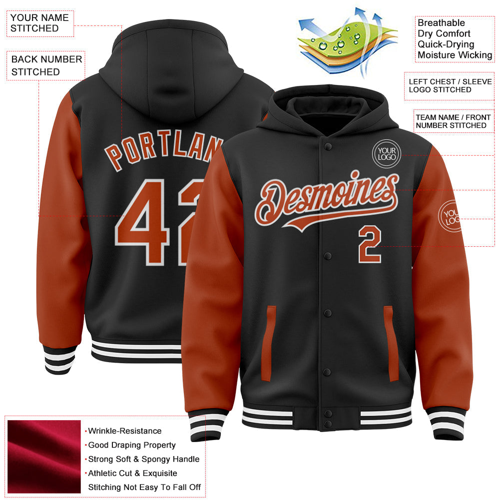 Custom Black Texas Orange-White Bomber Full-Snap Varsity Letterman Two Tone Hoodie Jacket view 3