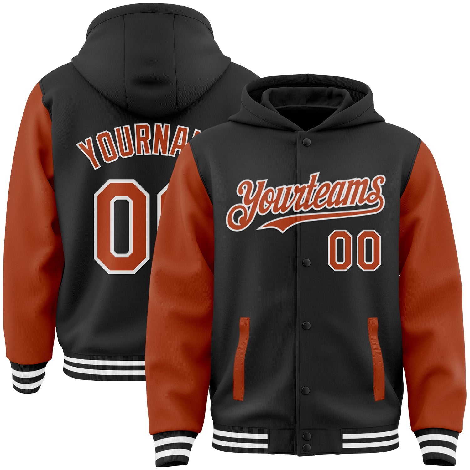 Custom Black Texas Orange-White Bomber Full-Snap Varsity Letterman Two Tone Hoodie Jacket - Main View