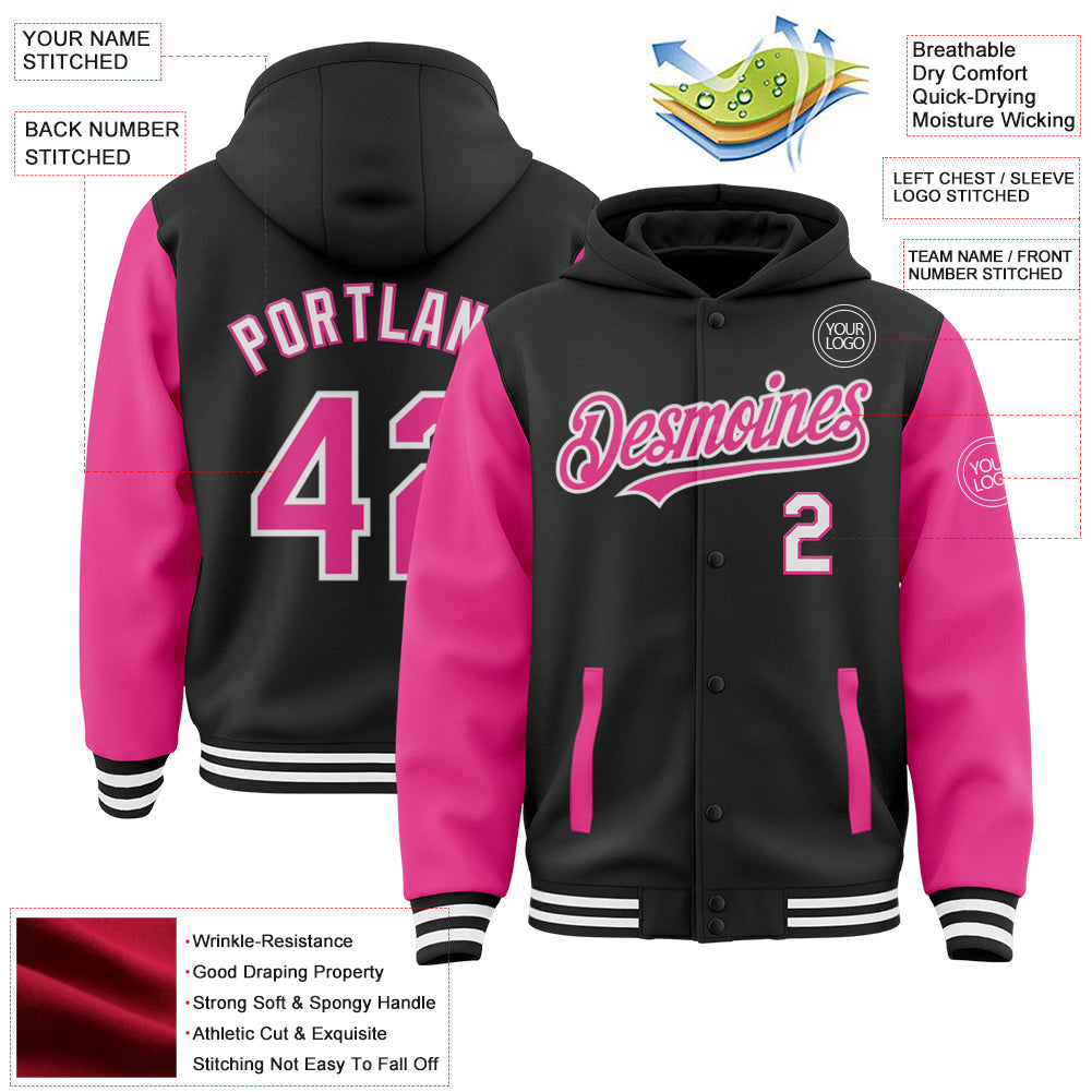 Custom Black Pink-White Bomber Full-Snap Varsity Letterman Two Tone Hoodie Jacket view 3