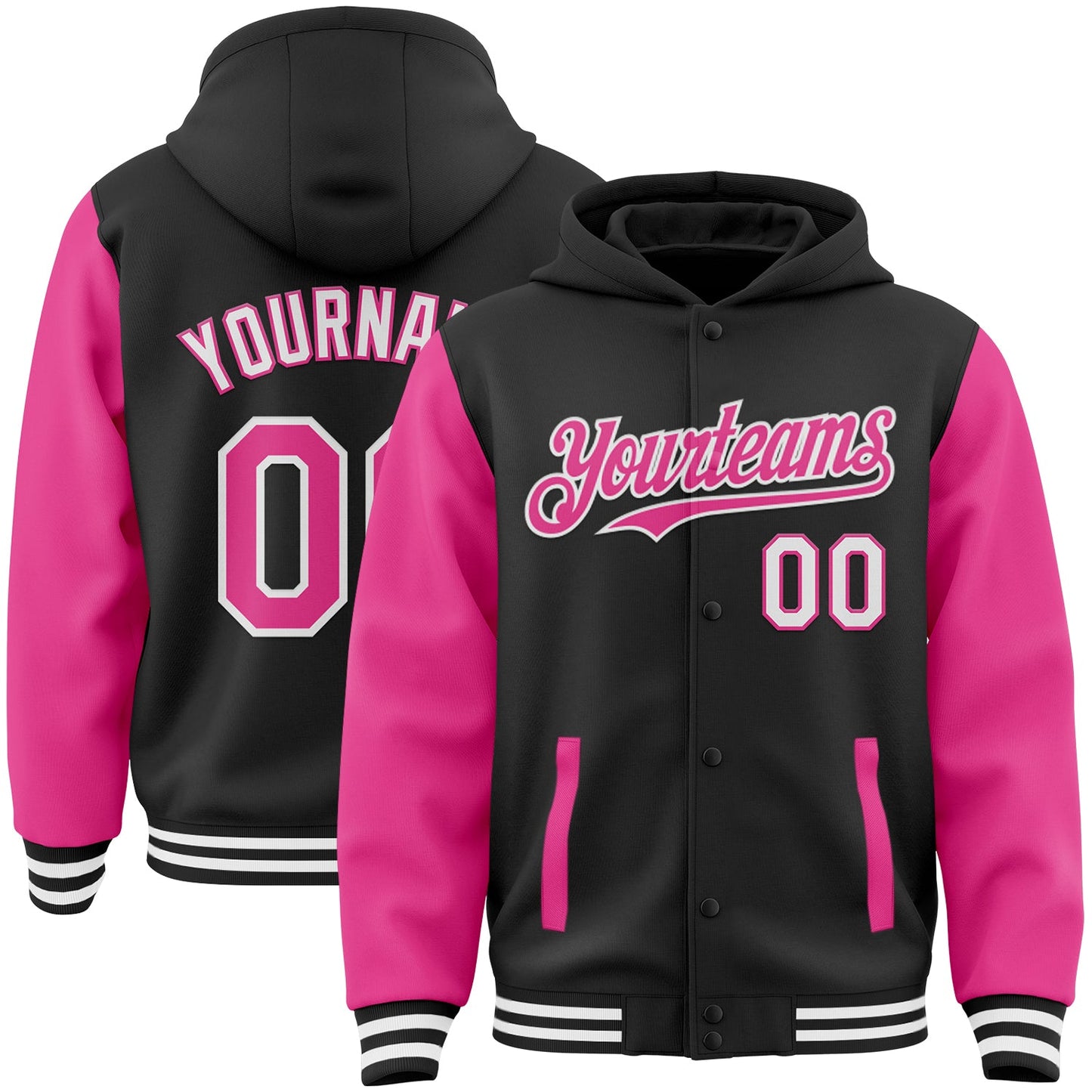Custom Black Pink-White Bomber Full-Snap Varsity Letterman Two Tone Hoodie Jacket - Main View
