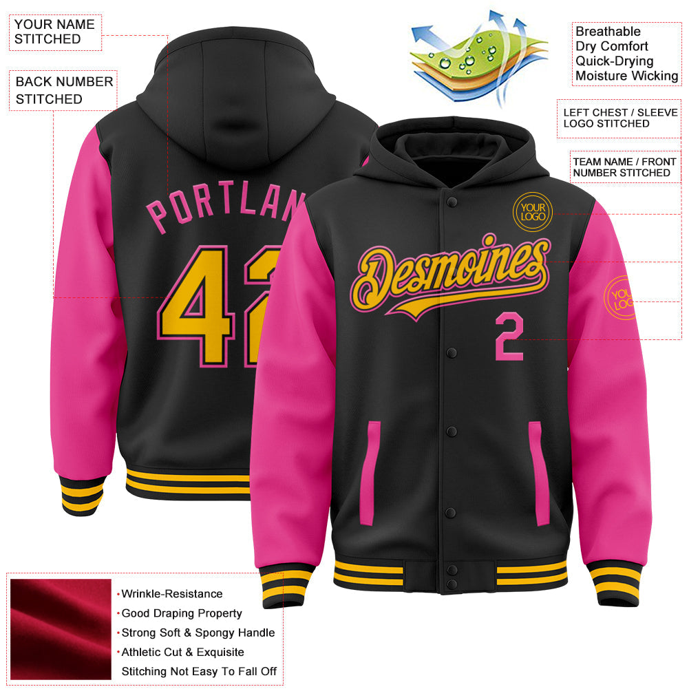 Custom Black Gold-Pink Bomber Full-Snap Varsity Letterman Two Tone Hoodie Jacket view 3