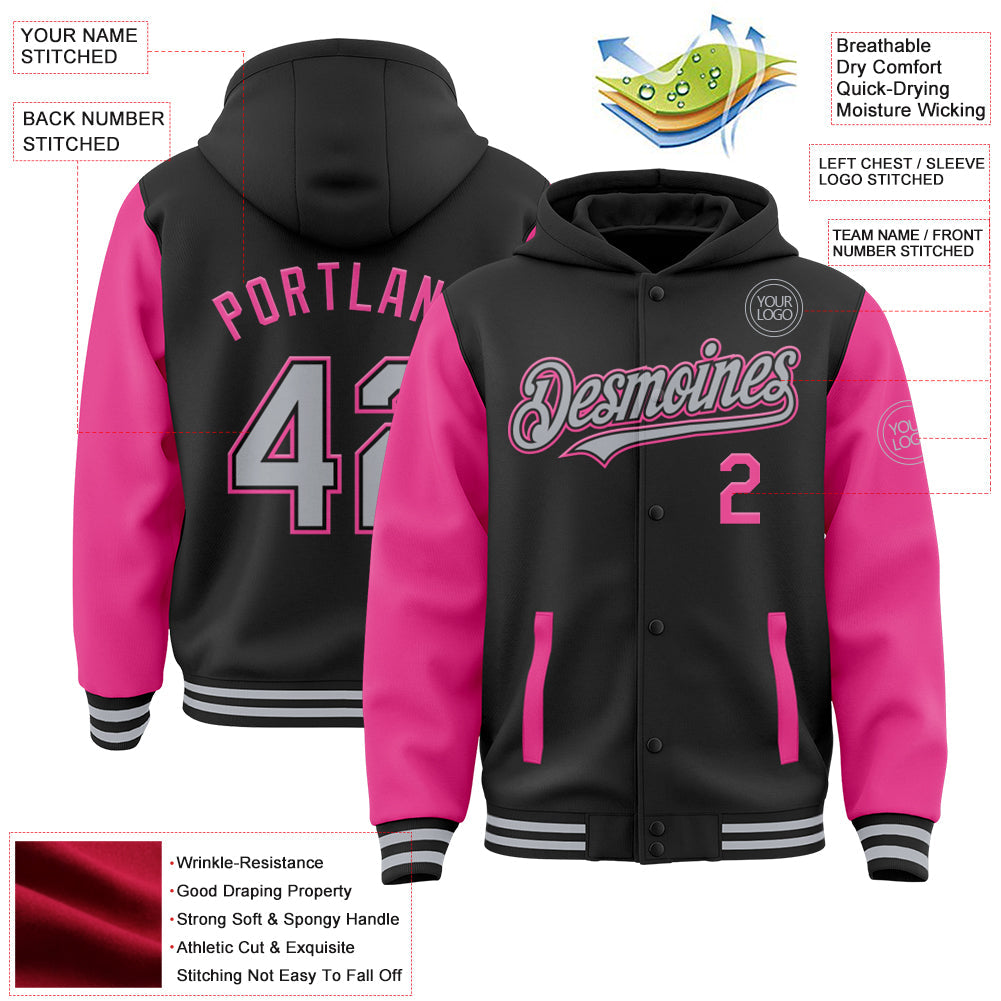 Custom Black Gray-Pink Bomber Full-Snap Varsity Letterman Two Tone Hoodie Jacket view 3