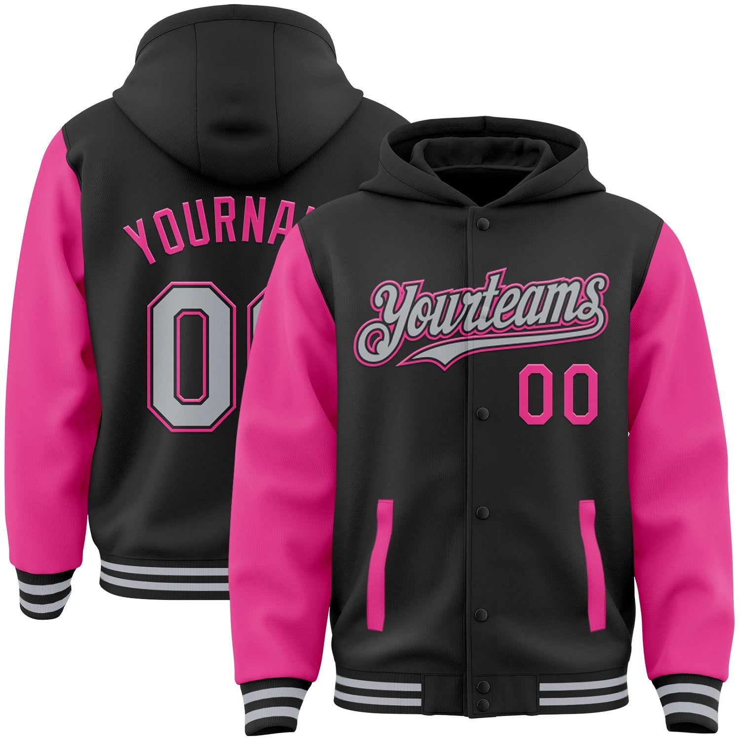 Custom Black Gray-Pink Bomber Full-Snap Varsity Letterman Two Tone Hoodie Jacket - Main View