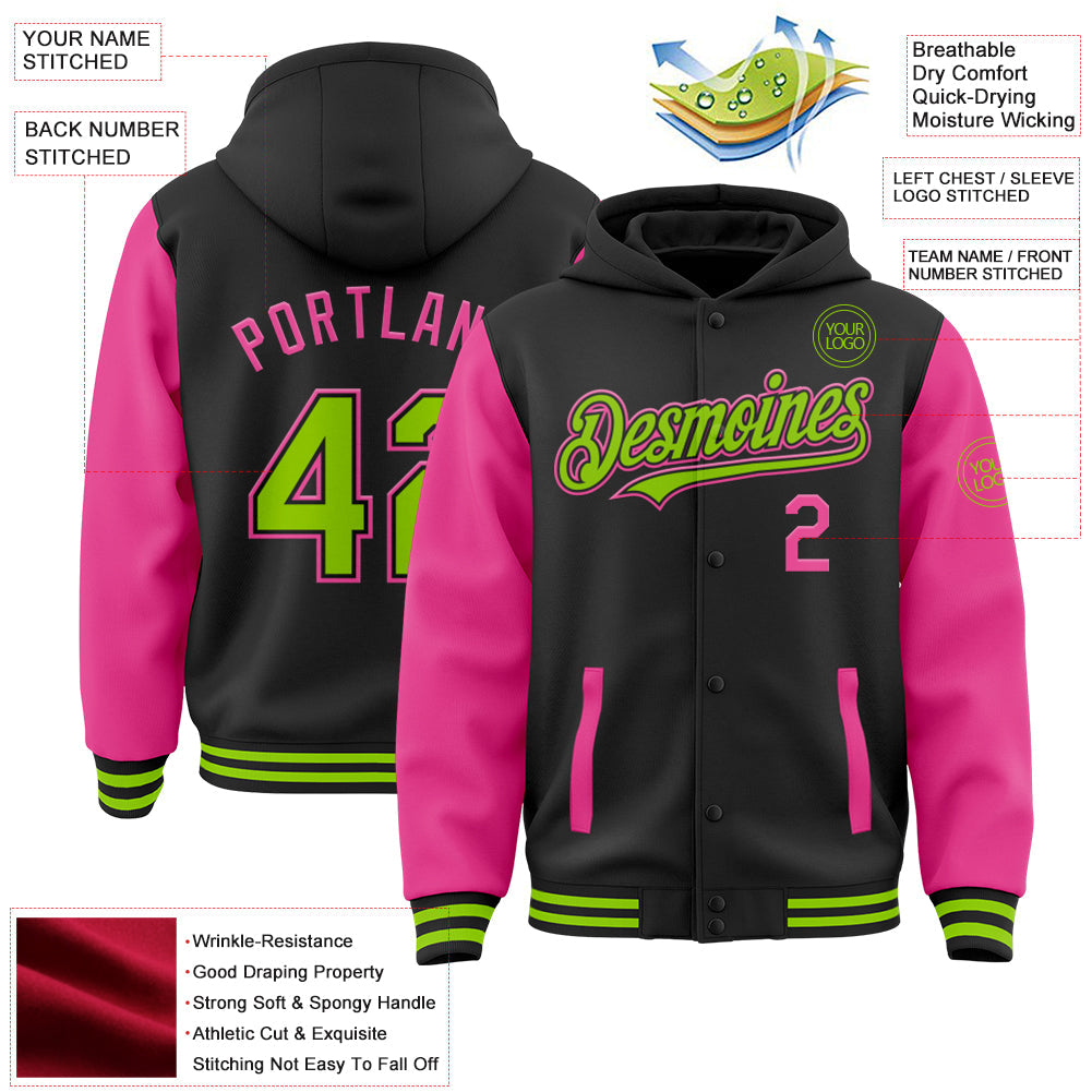 Custom Black Neon Green-Pink Bomber Full-Snap Varsity Letterman Two Tone Hoodie Jacket view 3
