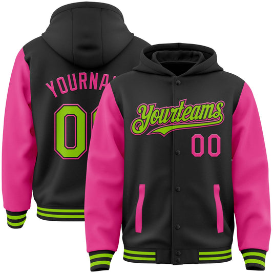 Custom Black Neon Green-Pink Bomber Full-Snap Varsity Letterman Two Tone Hoodie Jacket - Main View