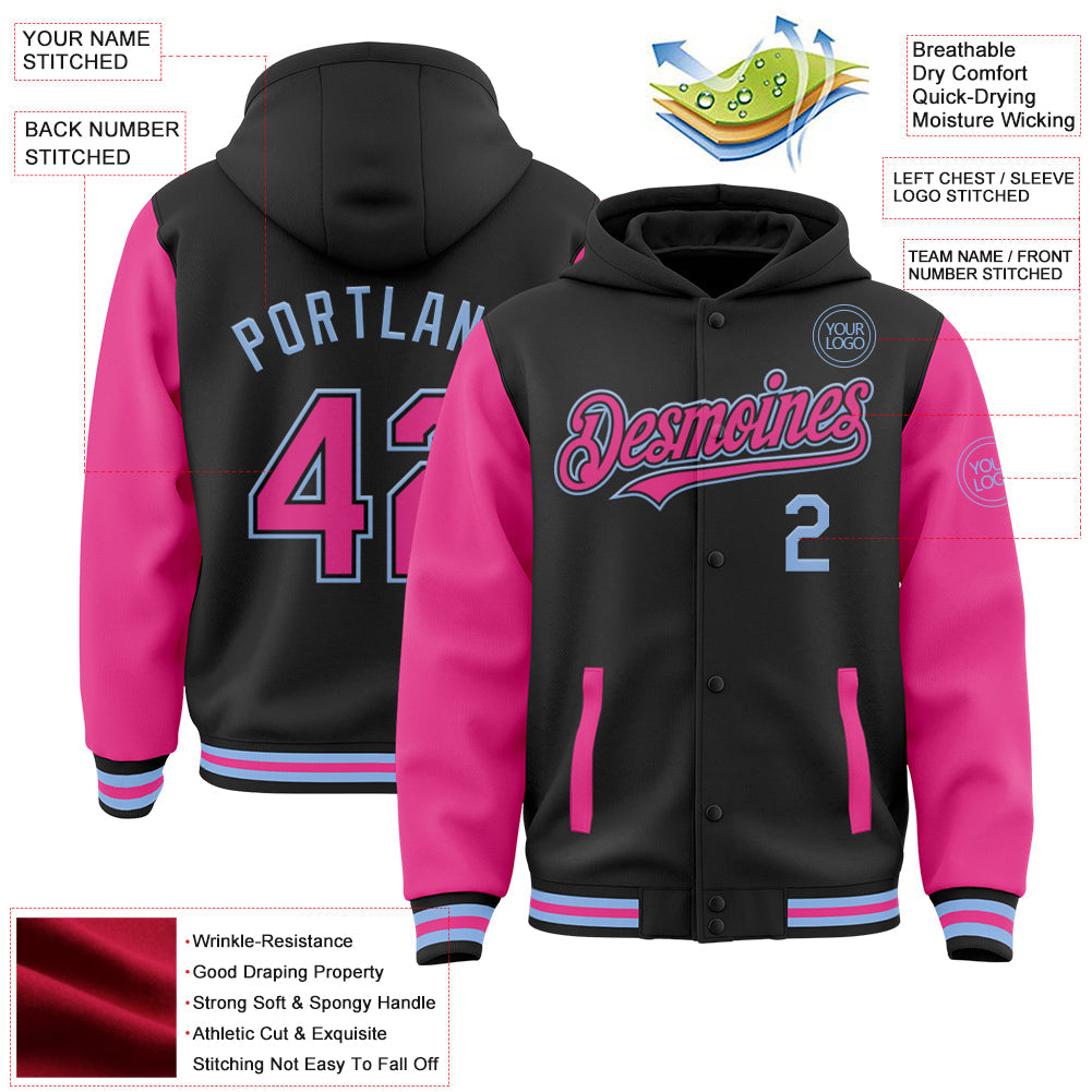 Custom Black Pink-Light Blue Bomber Full-Snap Varsity Letterman Two Tone Hoodie Jacket view 3