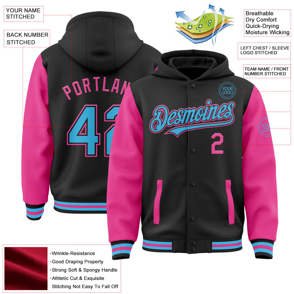 Custom Black Sky Blue-Pink Bomber Full-Snap Varsity Letterman Two Tone Hoodie Jacket view 3