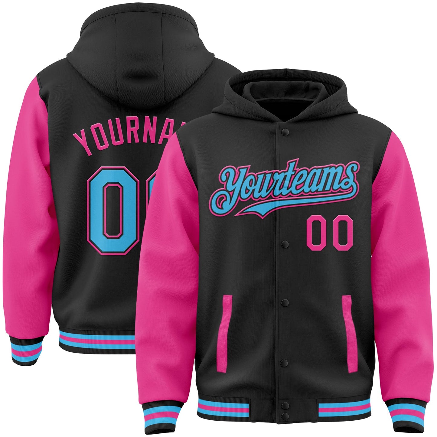Custom Black Sky Blue-Pink Bomber Full-Snap Varsity Letterman Two Tone Hoodie Jacket - Main View