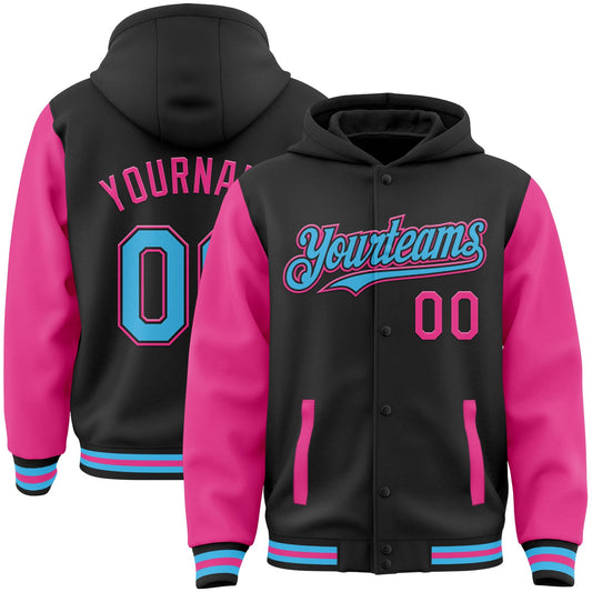 Custom Black Sky Blue-Pink Bomber Full-Snap Varsity Letterman Two Tone Hoodie Jacket - Main View