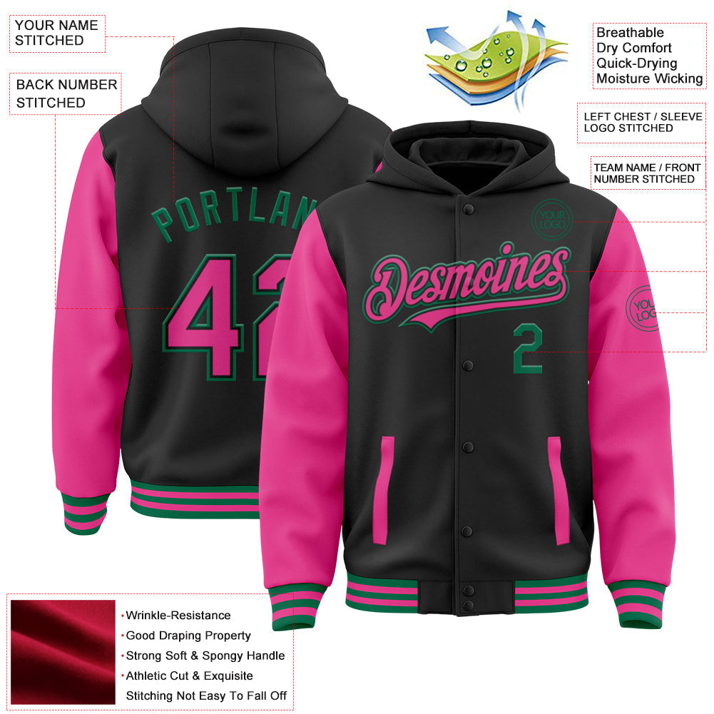 Custom Black Pink-Kelly Green Bomber Full-Snap Varsity Letterman Two Tone Hoodie Jacket view 3
