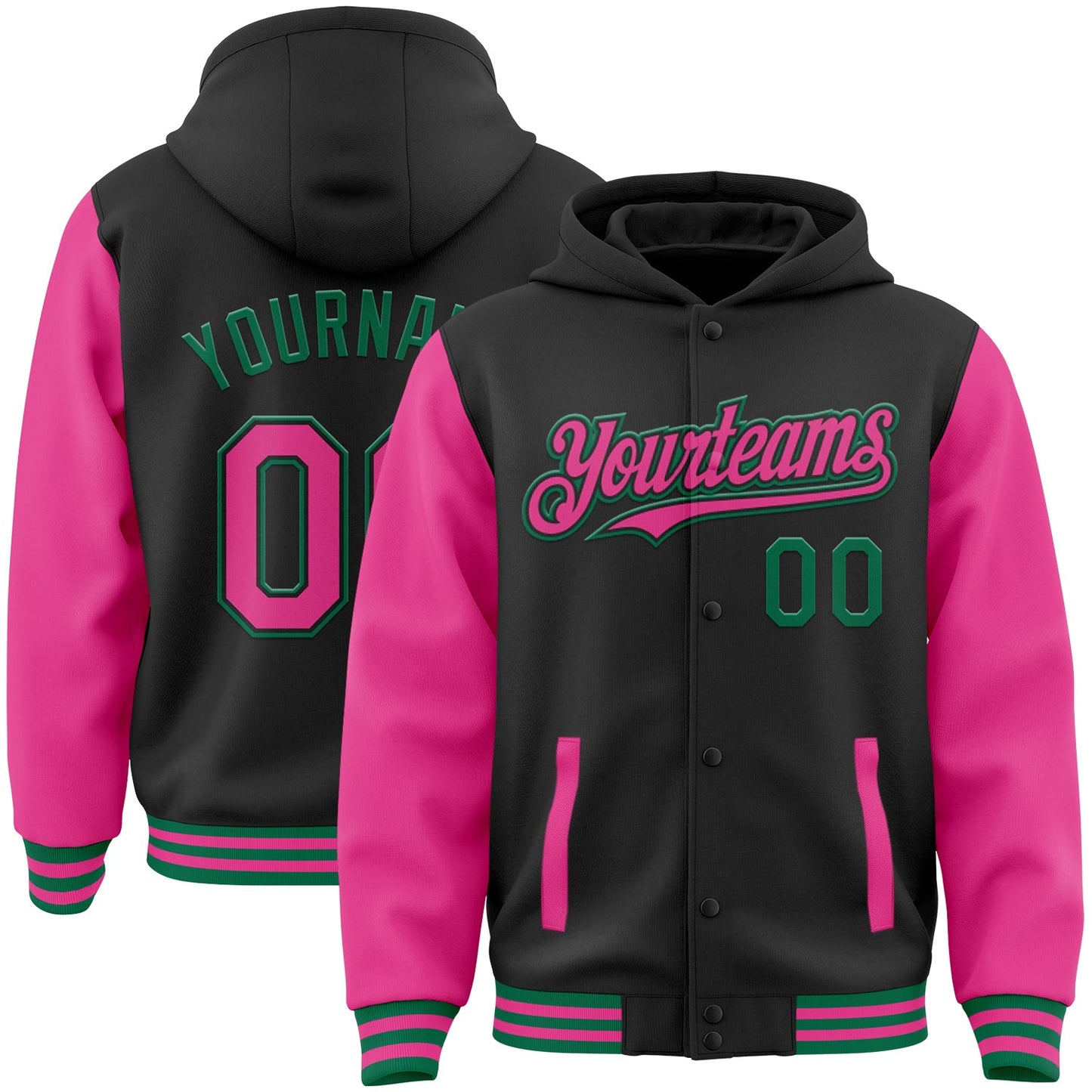 Custom Black Pink-Kelly Green Bomber Full-Snap Varsity Letterman Two Tone Hoodie Jacket - Main View